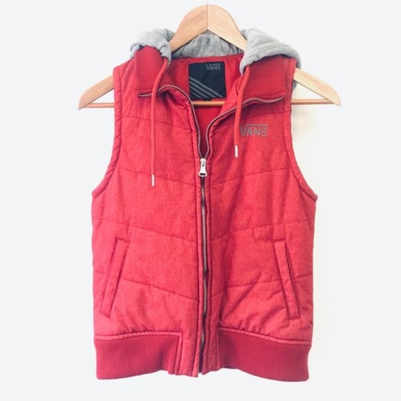 VANS Red Zip Hooded Puffy Puffer Vest - Picture 4 of 7